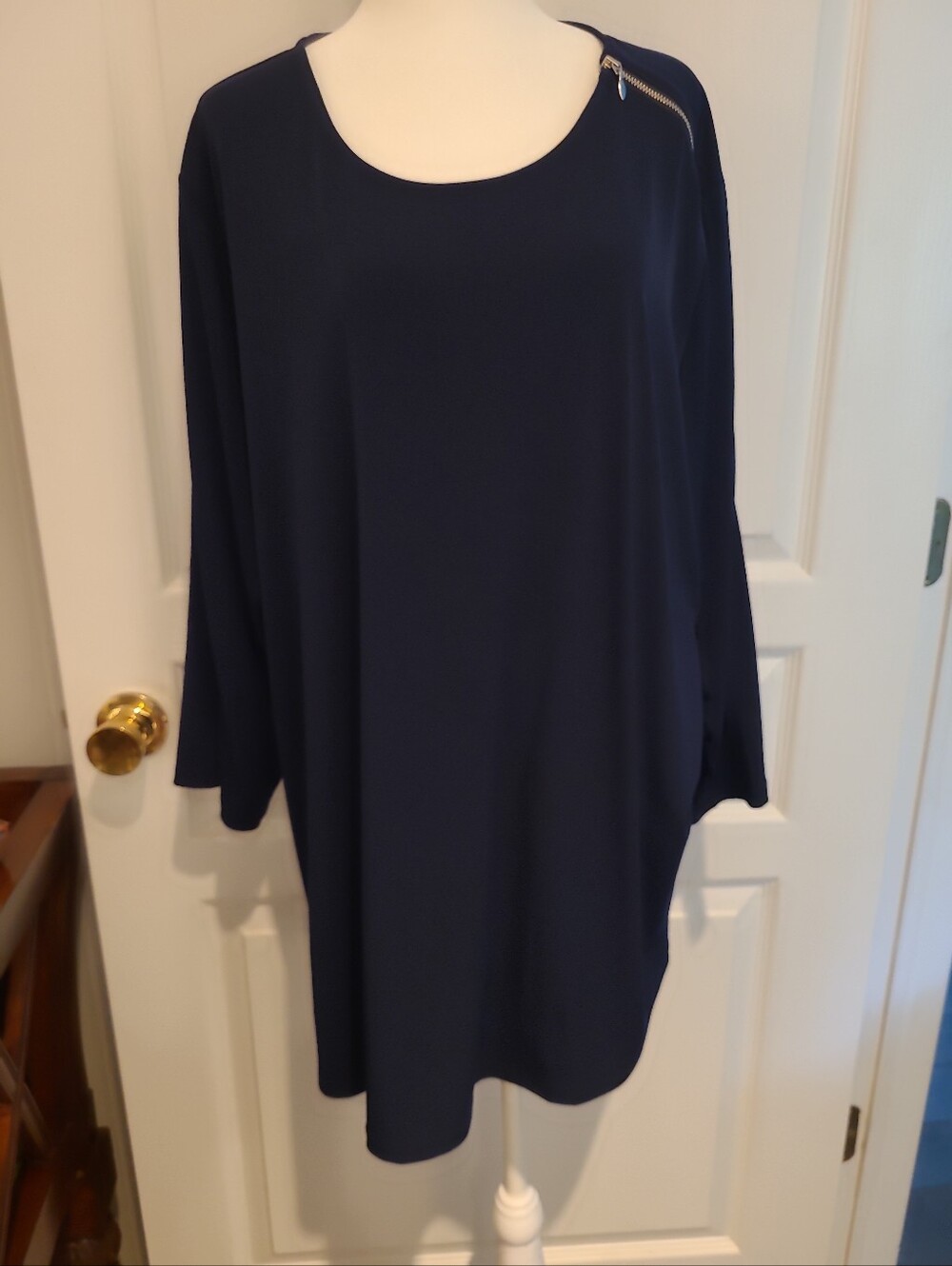 Susan Graver Navy Long-Sleeve Shift Dress with Shoulder Zip